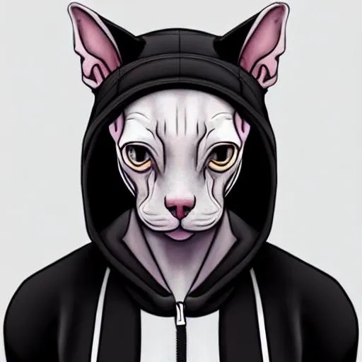 Prompt: A high definition pencil sketch of a sphynx cat dressed like a gangster. +Hoodies