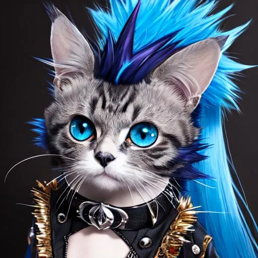 Prompt: 1 highly detailed image of a gothic punk cat with blue mohawk hair (with very long hair and noble), funny masterpiece of the highest quality