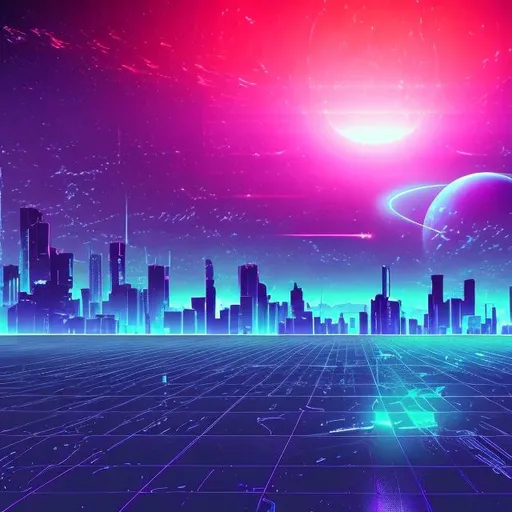 Prompt: Synthwave digital sea. Ocean of space and digital grids. Planets in the background. 