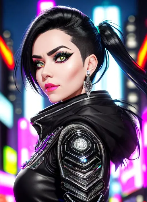 Prompt: Portrait of #3238 woman with silver and black hair and with cute face, neon city background, perfect composition, hyperrealistic, super detailed, 8k, high quality, trending art, trending on artstation, sharp focus, studio photo, intricate details, highly detailed, by Frank Miller
