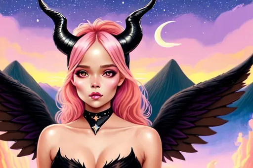 Prompt: woman with black  angel wings,tan skin tone, aesthetic, pastel, beautiful, pink hair, small horns, painting, cute, beautiful eyes, soft, art, RPG, sweet,highres, , illustration, sunset, stars, mountains,wonderland, maleficent 