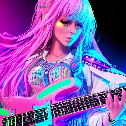 Prompt: A highly detailed realistic model of jem holograms luscious female characters in pastel neons playing synthesizers, guitars and singing on stage with colored lights.