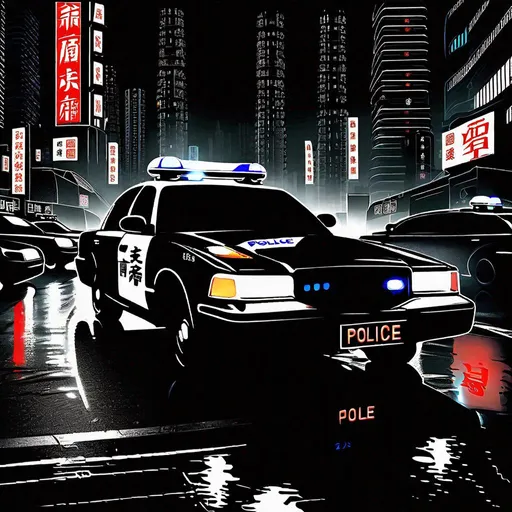 Prompt: Subject: "Police cars"

Creative descriptions: Sleek, black and white vehicles adorned with the powerful Chinese characters "坡力士". Flashing lights illuminate the darkness, casting an eerie glow.

Environment: A bustling city at night, with towering skyscrapers and neon signs reflecting off wet pavements. The streets are alive with a mix of excitement and tension.

Mood/Feelings: A sense of authority and vigilance permeates the air. There's an undercurrent of urgency and anticipation, as if something significant is about to unfold.

Artistic medium/Techniques: The scene captures the interplay of light and shadow, highlighting the contrast between the glowing police cars and the dark cityscape. Long exposure techniques enhance the dynamic movement of the flashing lights.

Artists/Illustrators/Art Movements: Inspired by the works of Edward Hopper, with his mastery of capturing urban solitude, and influenced by the noir aesthetic of film noir and graphic novel illustrations.