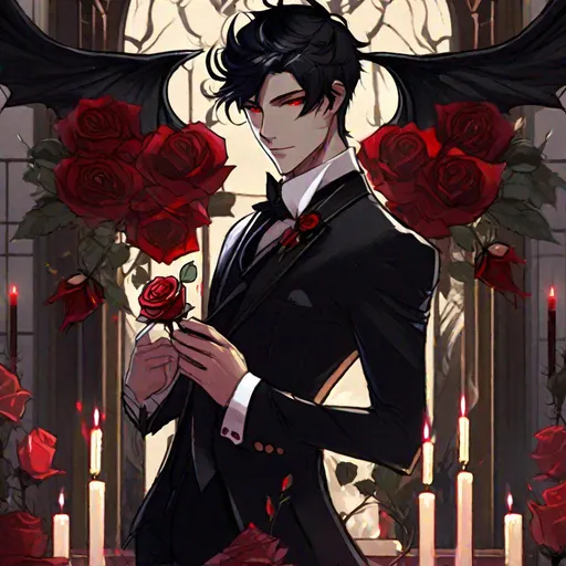 Prompt: Damien  (male, short black hair, red eyes) demon form, wearing a tuxedo, standing at the altar, biting his lip seductively, holding out a rose, wearing a crown
