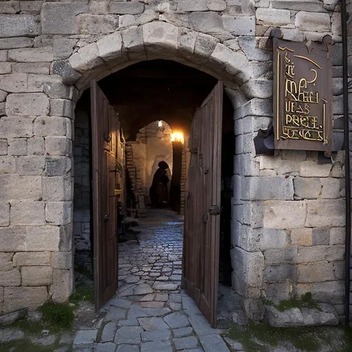 Prompt: at night in a fantasy medieval town there is a open doorway in the town wall that has a sign that says "service entrance". the sign is hanging, barely attached. undead are around the town but in the distance. at night
