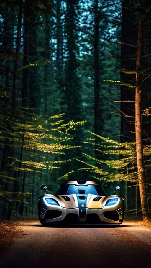 Prompt: koenigsegg regera wide body heavily modified at illegal meet, dark and shadowy background, in the Canadian forest, 30 minutes after sunset, long depth of field.