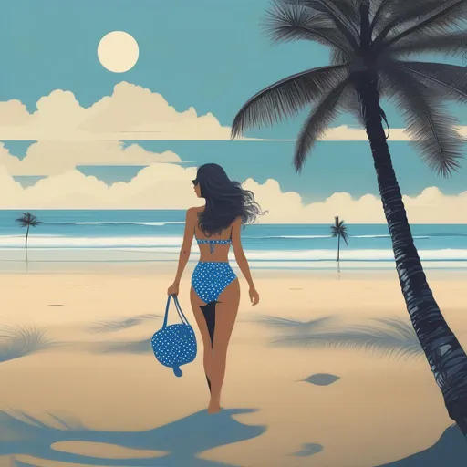 Prompt: A surreal interpretation of a young woman, around 30 years old, adorned in an enchanting blue polka dot bikini. The scene takes place on a Bali beach, where palm trees twist and curve in fantastical ways, defying the laws of reality. The woman stands gracefully on the sand, her pose echoing the surreal landscape around her. The chosen art style draws inspiration from the surrealism movement, combining dreamlike elements with reality. The colors are vivid and exaggerated, creating a heightened sense of wonder. The shot is composed as a close-up, highlighting her expression and the intricate details of her attire. The lighting is ethereal, casting soft and otherworldly glows on both the woman and the surroundings. This rendering invites viewers to experience a reality where beauty and nature merge into an extraordinary tapestry.