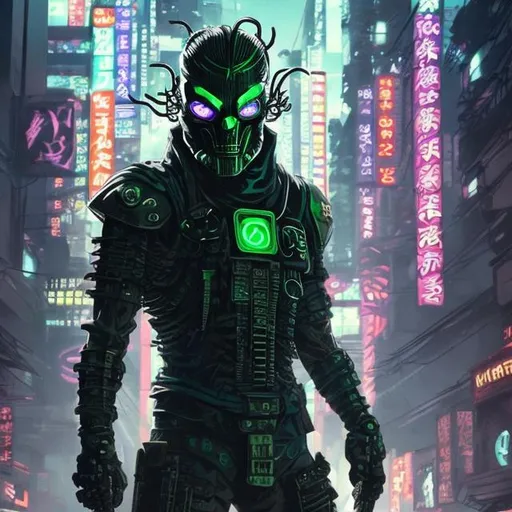 Prompt: Original villain. High IQ. Very Dark image with lots of shadows. Background partially destroyed neo Tokyo. Noir anime. Gritty. Dirty. Black with neon forest green accents. armour. Creepy mask. Bionic enhancements. 