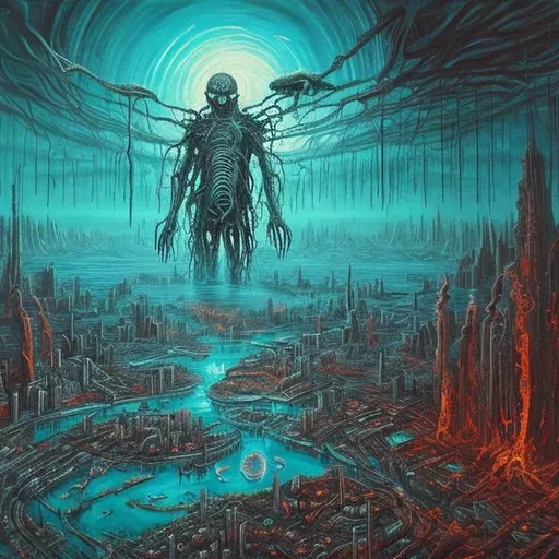 Prompt: renascentist painting hell of souls bodyhorror sad painfull bloody nuclear caotic futuristic city, the end of the world, madness and crazy, sad people, under water