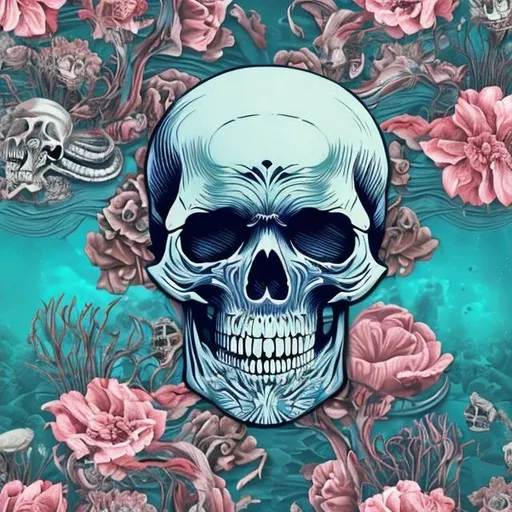 Prompt: skeleton skull in the ocean, floral style