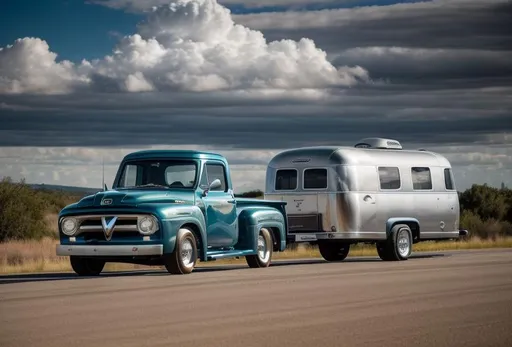 Prompt: A 1953 Ford F-100 [pulling-towing] a full size Airstream camper whilst driving away from a vintage American city skyline. Dramatic sky and clouds. 