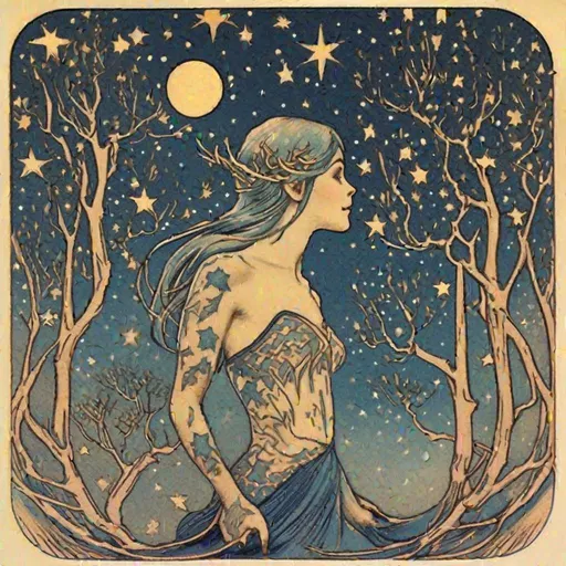 Prompt: Ethel Reed illustration of starry sky and elven trees tattoos
