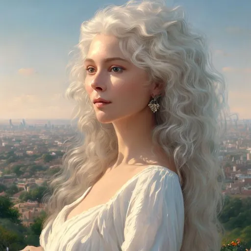 Prompt: Painted Portrait of A beautiful sophisticated Woman wavy white hair, impeccable, admiring the town in the distance, depth of field, in the style of Donald Sultan