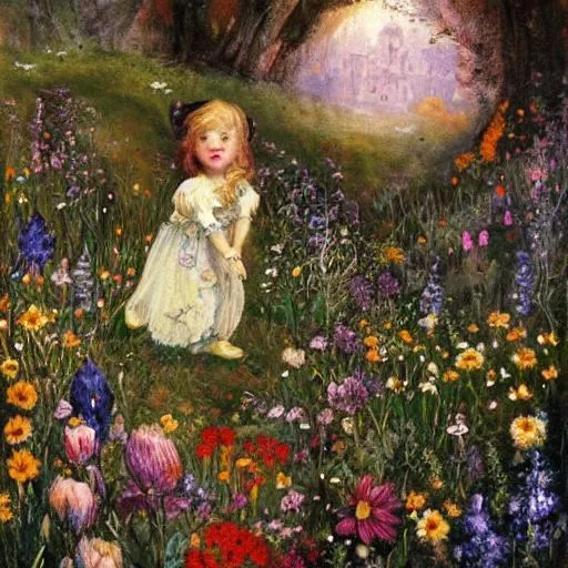 Prompt: young pretty witch in a flower garden with bones John Anster Fitzgerald