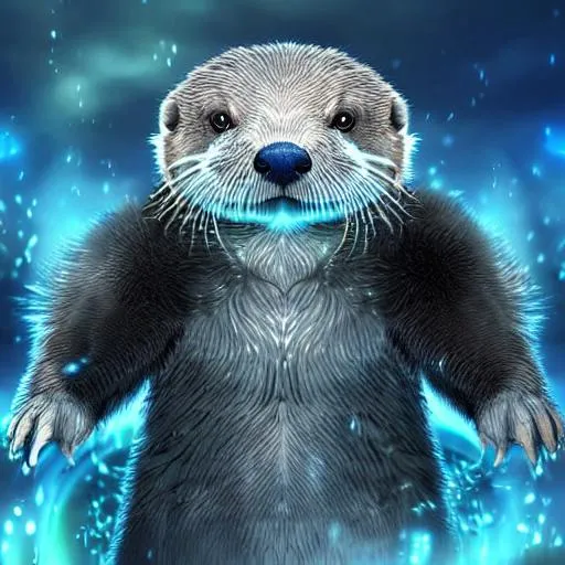 Prompt: Fully armored battle otter, tech style background machines, blue fur, fuzzy, cute eyes, full bodied avatar, intricate fur, hyper-detailed eyes, calm, tranquil, matrix code hidden in background Standing on its enemy’s 