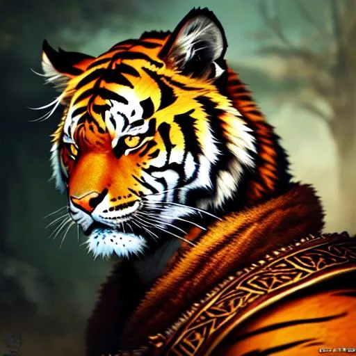 Prompt: Tiger-man, fantasy art, illustration, dark fantasy, epic, fantasy, intricate, hyper-detailed, scary, blood dripping, bloodthirsty gore, highly detailed facial features, highly detailed body, chiseled features, artstation, concept art, smooth, sharp focus, ray tracing, vibrant, photorealistic