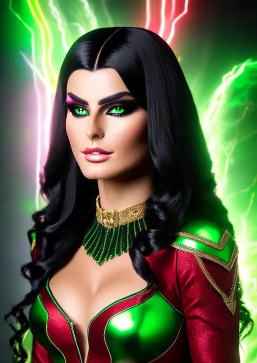 Prompt: High-resolution hyperrealistic photo of candra-the-benefactress merged with sersi-the-eternal, blond streaked black hair, red and green costume, knowing look, magical forces, marvel comics, photorealistic, highly detailed, uhd, hdr, 64k