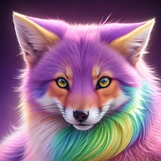 Prompt: {pink, purple, yellow, and mint green fox kit}, realistic, epic oil painting, pastel colors, (canine quadruped:1), large round purple eyes, hyper detailed eyes, (hyper real), furry, (hyper detailed), photorealism, extremely beautiful, playful, UHD, studio lighting, best quality, professional, extremely beautiful, glistening fur, fur glows like auroras, highly saturated colors, neon colors, masterpiece, ray tracing, cosmos, nebula background, 8k eyes, 8k, highly detailed, highly detailed fur, hyper realistic thick fur, (high quality fur), fluffy, fuzzy, full body shot, anime background, rear view, hyper detailed eyes, perfect composition, realistic fur, fox nose, highly detailed mouth, realism, ray tracing, soft lighting, complex background, highly detailed background, studio lighting, masterpiece, trending, instagram, artstation, deviantart, best art, best photograph, unreal engine, high octane, cute, adorable smile, lazy, peaceful, (highly detailed background), vivid, vibrant, intricate facial detail, incredibly sharp detailed eyes, incredibly realistic fur, concept art, anne stokes, yuino chiri, character reveal, extremely detailed fur, sapphire sky, complementary colors, golden ratio, rich shading, vivid colors, high saturation colors, silver light beams