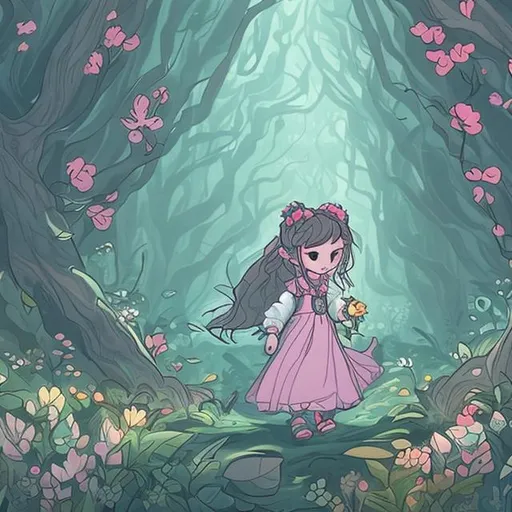 Prompt: Dra lineart of A little woman walking trough the forest with a long dress and long hair and flowers