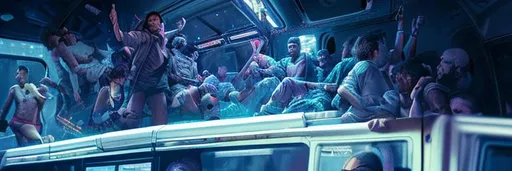 Prompt: party people floating weightless  in a bus surrounding with speakers, perfect composition, hyperrealistic, super detailed, 8k, high quality, trending art, trending on artstation, sharp focus, studio photo, intricate details, highly detailed, cyberpunk, by greg rutkowski