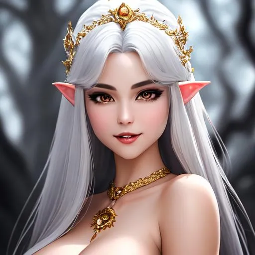 Prompt: Oil painting, Chiaroscuro, landscape, UHD, 8K, highly detailed, panned out view of the character, visible full body, ethereal, unnatural grey-skinned vampire girl, beautifully detailed face, discrete smile, white hair with precious gems, barely clothed, golden scales. She is a moon priest of the elven kingdom. She wears a fishnet made of gold and silver, emerald jewelry, and silver lace stockings with gold trim. (She is looking through a window of a high tower in an elven kingdom). 