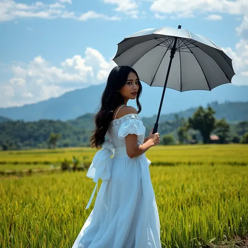 Prompt: filipina woman, morena skin color, black hair, wearing an all white Filipiniana Terno. Walking beside a rice field in the province with mountain view beckground, holding an umbrella on a sunny day.