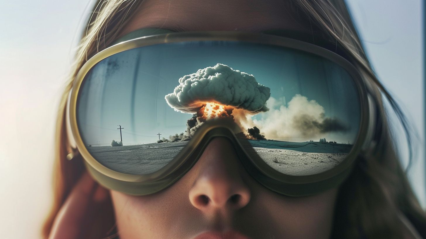 Prompt: nucelar mushroom cloud reflection in girls big protective googles, symmetrical