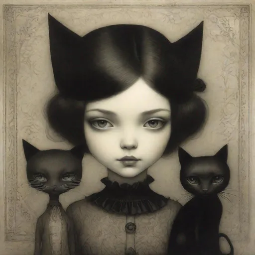 Prompt: Fine art etching portrait of a stylized cute girl and her black cat depicted style combination of Bill Carman, Nicoletta Ceccoli, Amy Earles and Abigail Larson. Calotype print, Grimdark, frontal facing portrait, extremely detailed, beautiful, Best quality, high definition.