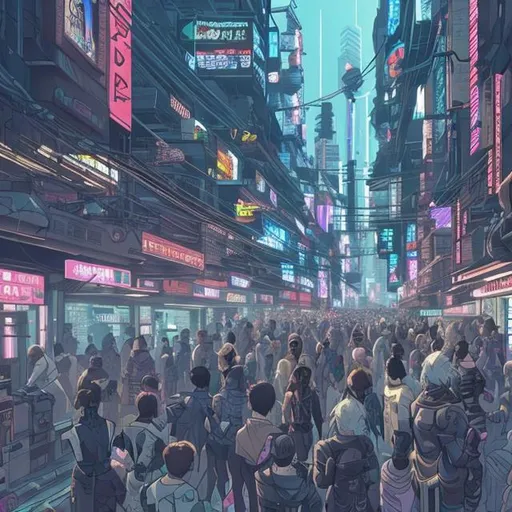 Prompt: Cyberpunk city anime realistic crowded with people and robots 20k 
