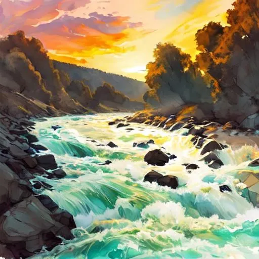 Prompt: a choppy river with a beautiful sky, sunset, brush strokes, whitewater river, lots of jagged rocks.