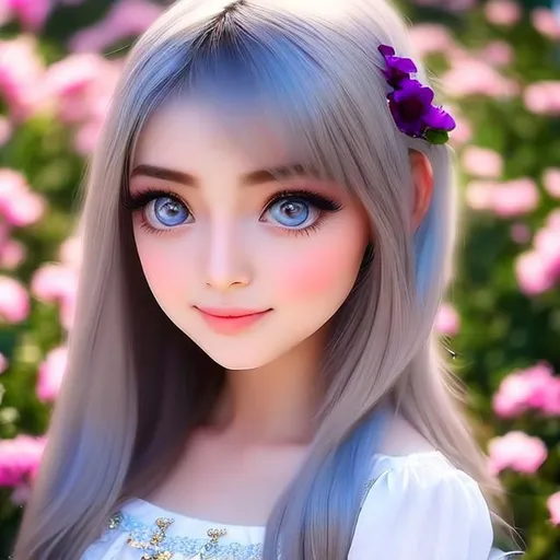 Prompt: beautiful and charming turkish girl, (1girl, solo: 3.0), beautiful girl, very detailed eyes, both eyes are the same, (front view: 1.5), symmetrical face, full body, (teen girl: 1.3), shy face, middle hair, gray and white skirt, sitting on a flower garden chair, fantasy world