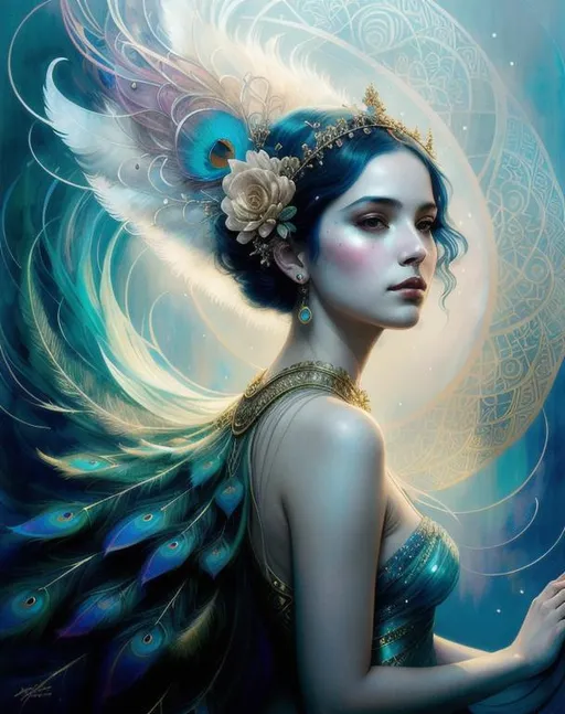 Prompt: portrait of sorceress in peacock feathers | art by: yuumei, agnes cecile, tom bagshaw, anna dittmann, tetsuya nomura, erol otus, alphonse mucha |symmetrical face, accurate anatomy, hyper-detailed, 8k resolution, storybook illustration, aurora, ethereal, radiant, moonscape, kintsuji, watercolor washes, sun rays, diffused reflection, ripples in water, 8k