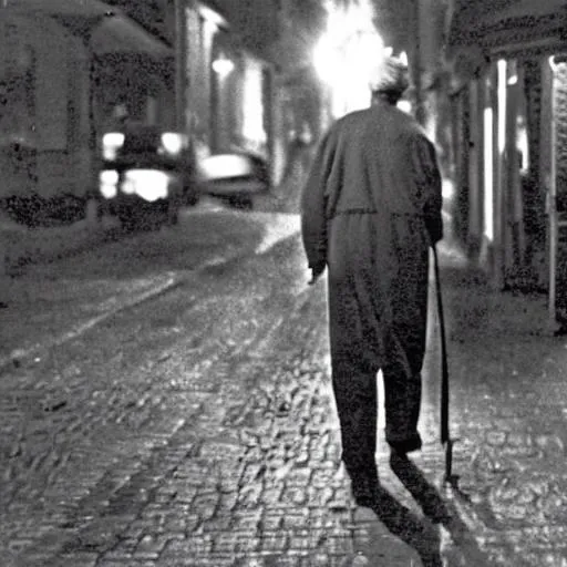 Prompt: An disabled old man walking in the streets of Halbe city at night, 1945. Black and white