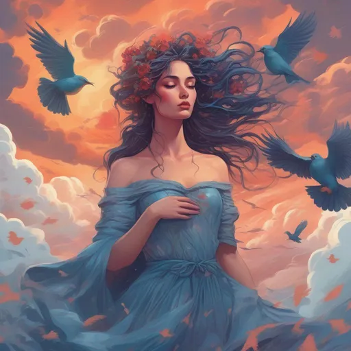 Prompt: A colourful and beautiful Persephone with rain dripping from her hair, wearing a flowing ballgown made of clouds, surround by clouds and birds in a painted style controlling lightning with her hands at sunset