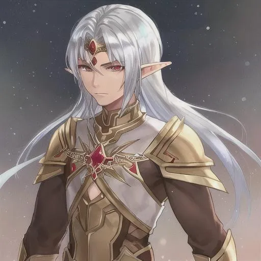 Prompt: male elf with silver hair and dark copper skin wearing gold armour and a   
ruby circlet