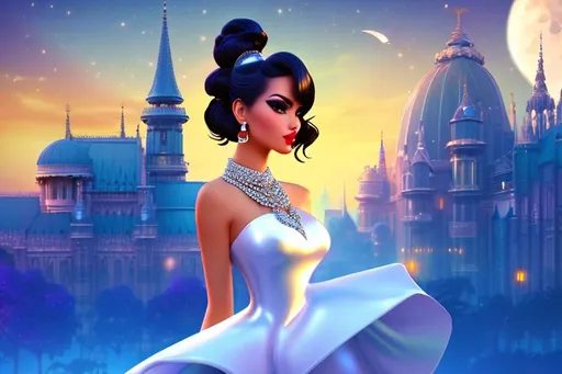 Prompt: head-on, surreal cartoon, high fashionista pose, glossy, walking toward viewer, stunning platinum dancer, monarchy, dramatic jewelry, statement necklace, background is architecture lit by the moon,  trending on artstation