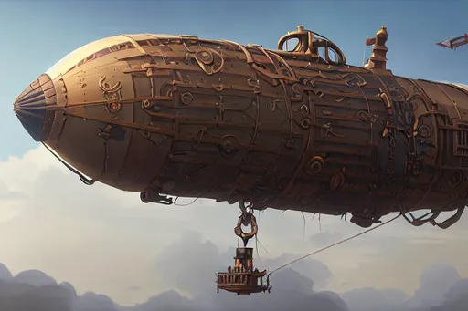 Prompt: steampunk, airship, blimp, wood, open blue sky, over copenhagen, detailed