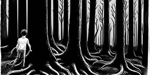 Prompt: Freehand pencil drawing of Will Byers in the upside-down forest, with giant black slugs that are long, slimy, and scary, dark shadows that are frightening, all in black and white, with giant trees. Will Byers is depicted with his back turned. The drawing must have a lot of detail and be well-focused to capture the elements of the upside-down forest and convey the terrifying atmosphere
