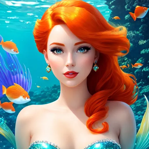 Prompt: a beautiful mermaid with pale skin and orange hair  and lips, Disneystyle, 4k,  facial closeup



