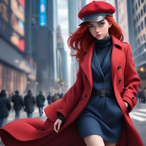 Prompt: CAILA, AGE 21, RED HAIR, BIG BLUE EYES, SPY, WALKING IN THE BIG CITY, RED HAT, RED COAT