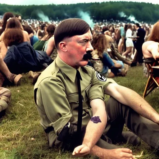 Prompt: adolf hitler is a hippie tripping on LSD and smoking dope at woodstock 1969