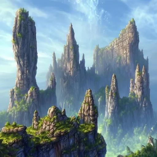Prompt: castles on tall pillar rocks, forest below, fantasy world, style of  Blizzard Entertainment