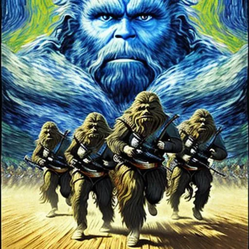 Prompt: wookies charging into battle, very dramatic, movie poster style,  by vincent van gogh