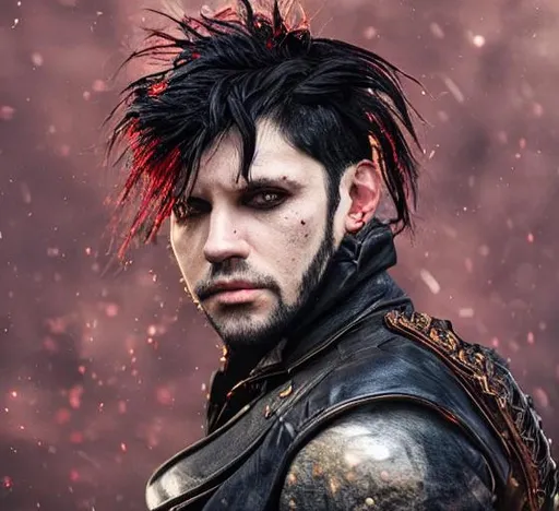 Prompt: Portrait of a man standing, black hair with ember highlights, black sclera and iris, red pupil eyes, fierce resting face, hyperrealistic face, mid 30 age, lean build, renaissance painting, steampunk black leather suit, merlot leather vest, man emerged from a mist, dimly lit victorian street background, 8k, intricate details