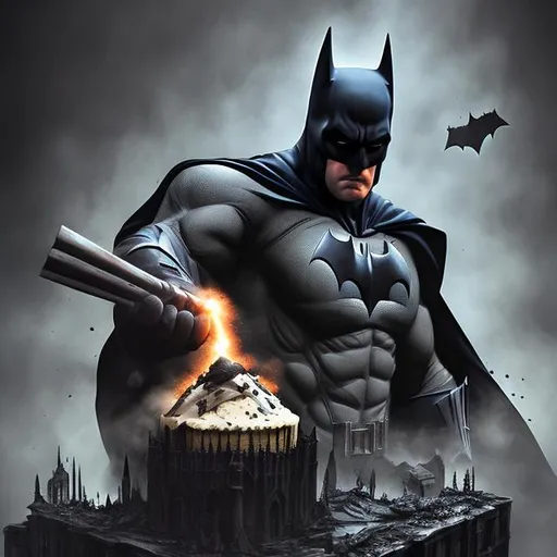 Prompt: batman, cake, sharpness, smoke, mystery, gothic, epic, hyperrealism, 3D detailed, incrustation, contrast forms and lines, contrast space and light.