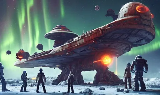 Prompt: huge old rusty spaceship getting repaired  by robots ice planet sparks fire welding people working aurora many colours   guard drinking milk enhance detail turret on spaceship real soldier thin landing gears symmetrical ship laser warzone dead body's on ground 