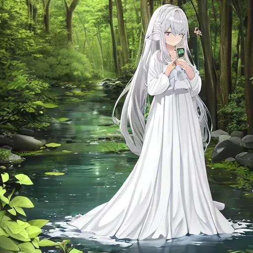 Prompt: nymph girl in a long white flowing dress,

forest background with a creek, trees in the background, ripple on the water, 