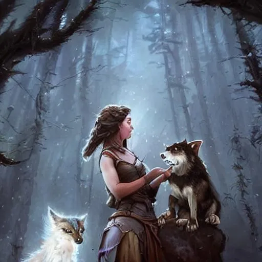 Prompt: Breathtaking cinematic splash art of a (Druid girl) with (her pet wolf) dnd character (at a fantasy inn) by Bastien L. Deharme, Greg Rutkowski, and Antonio J. Manzanedo. Epic Matt painting background by Keith Parkinson. Crisp Pinterest model Portrait Maid of Honor cute online profile picture senior photo Disney girl.