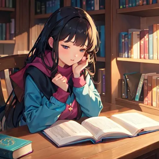 Prompt: a girl reading a magical book