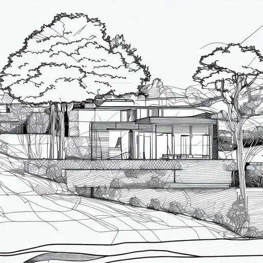 Prompt: line sketch of house with trees in an open field 